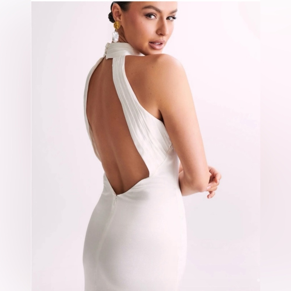 MESHKI drape back, satin dress